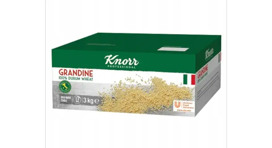 Pudełko makaronu Grandine Knorr Professional 3 kg z widocznym ziarnem.