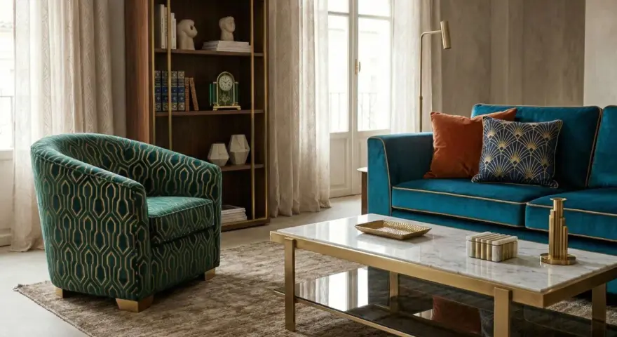 Poltrona verde con motivo geometrico dorato, che ricorda come si fa il velluto, accanto a un divano blu e un tavolino di marmo.