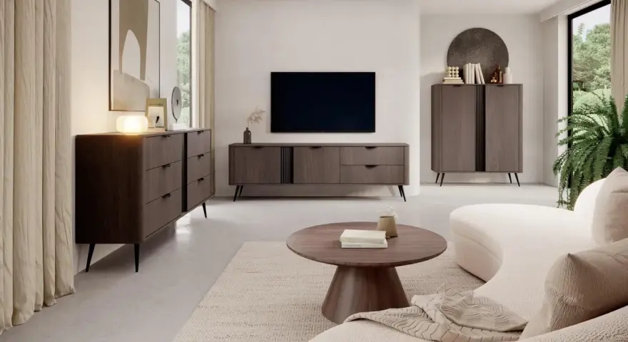 Nowoczesny salon z drewnianymi meblami i jasnymi ścianami. Idealne kolory ścian do salonu, które podkreślą elegancję mebli.