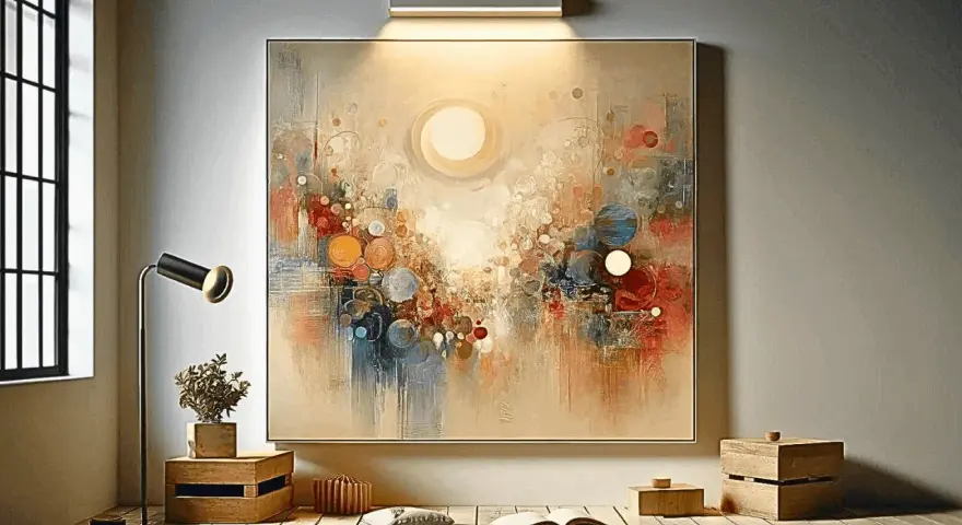 Un vibrante cuadro mural abstracto con círculos y pinceladas en tonos cálidos y fríos, iluminado por un aplique de pared.