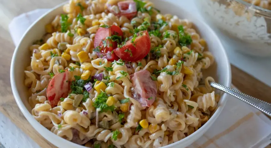 Pyszna sałatka z makaronem fusilli, kukurydzą, pomidorami i natką pietruszki, polana kremowym sosem. Idealna na letnie dni.