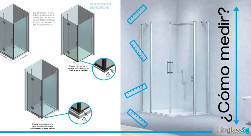 Diagramas de **baños con pared en la ducha** y cómo medir las mamparas.