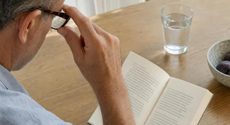 Un uomo con occhiali legge un libro, forse perché vede a righe. Sul tavolo, un bicchiere d'acqua e una ciotola di prugne.