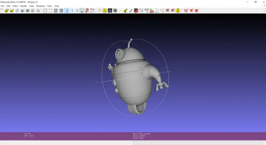 Szary model robota 3D na fioletowym tle, widoczny w oprogramowaniu MeshLab.