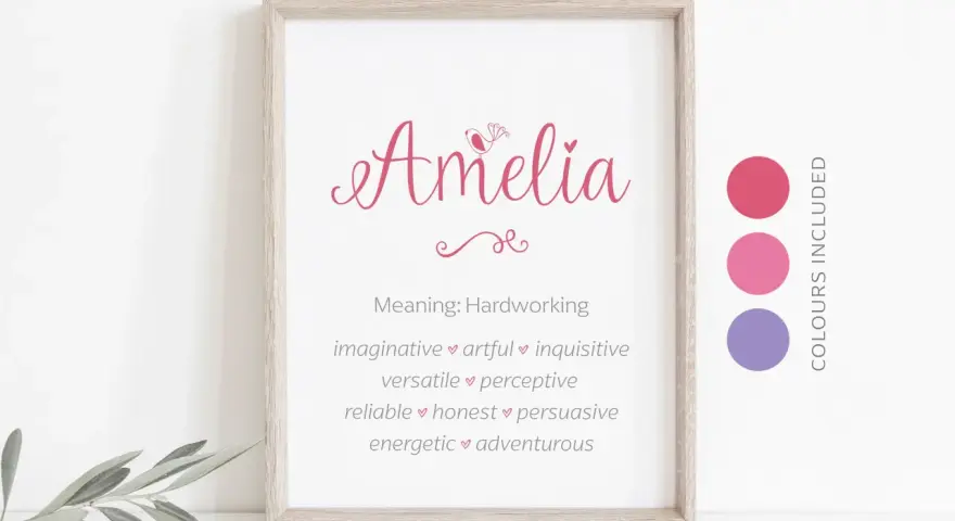 Un póster con el nombre Amelia en letras rosas, seguido de sus significados: trabajadora, imaginativa, versátil, fiable, enérgica, artística, perspicaz, honesta y aventurera.