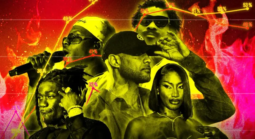Des artistes de le rap, dont certains chantent au micro, sur fond de flammes et de graphiques.