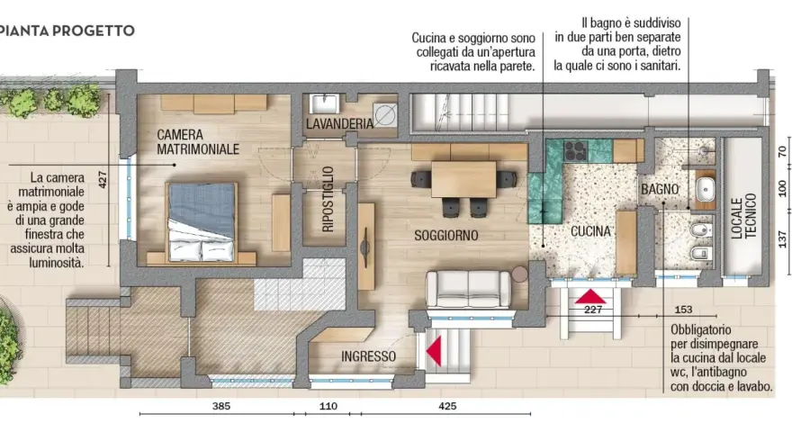 Pianta di un progetto casa 55 mq rettangolare: ingresso, soggiorno, cucina, bagno, lavanderia, ripostiglio e camera matrimoniale luminosa.