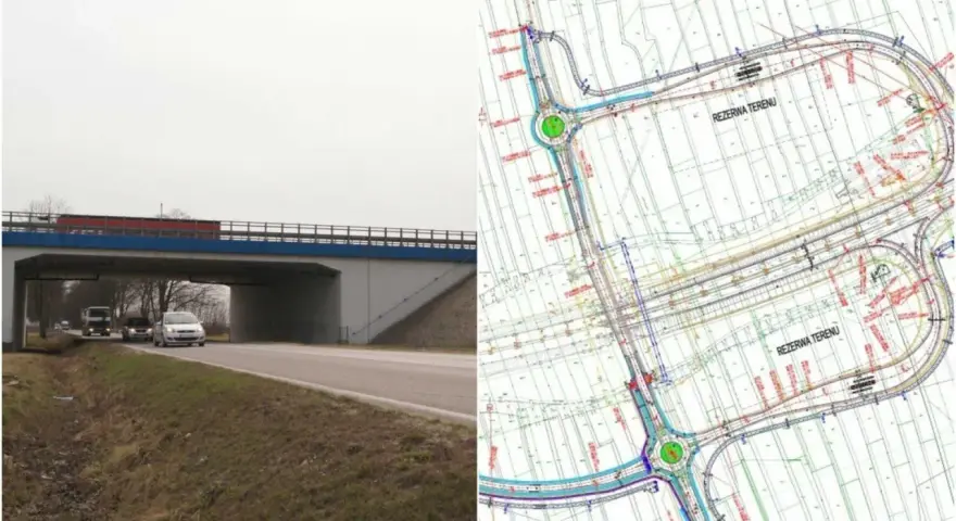 Most drogowy i plan węzła autostradowego.