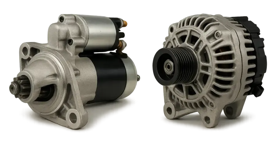 Ein Anlasser beim Auto ist das Bauteil, das den Motor startet. Hier im Bild links zu sehen, neben dem Generator.