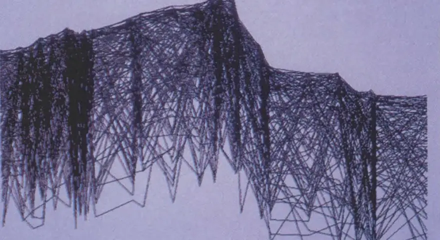 Une œuvre d'art contemporain défie la perception avec un réseau complexe de lignes sombres formant une structure abstraite rappelant une montagne ou une cascade.