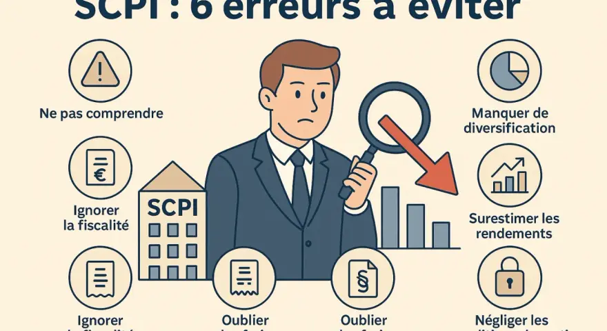 Illustration sur les erreurs à éviter en SCPI, incluant l'ignorance de la fiscalité. Un homme examine des graphiques avec une loupe.