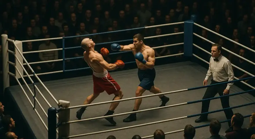 Dos boxeadores en un ring, uno golpea al otro. El árbitro observa. Una escena intensa, como en los mejores juegos de boxeo pc.