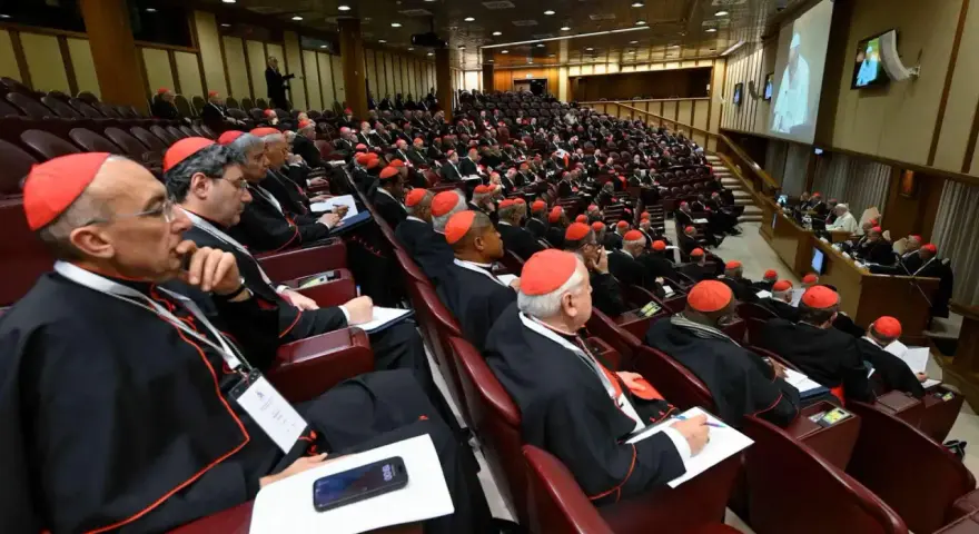 Wielu kardynałów w czerwonych biretach i czarnych szatach siedzi w amfiteatrze, słuchając przemówienia podczas ważnego konsystorza.