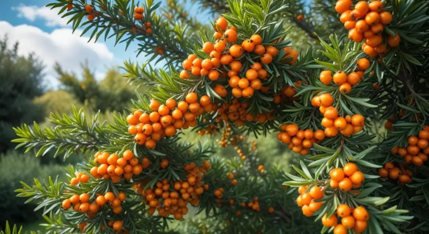 Tätt med orange havtorn på grenar, redo att plockas. En vacker syn som inspirerar till att plantera havtorn.