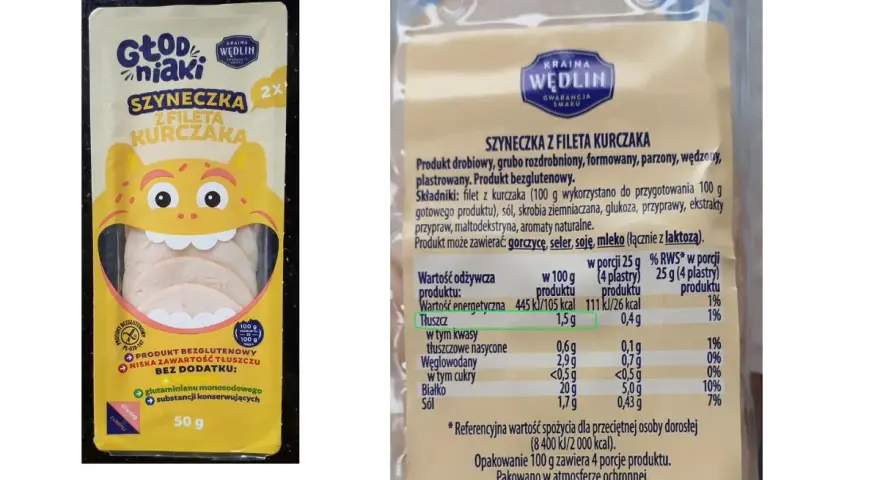 Szyneczka z fileta kurczaka, 100g zawiera 20g białka. Wartość energetyczna 105 kcal.