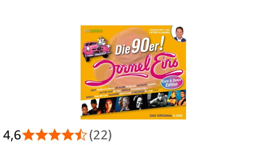 CD-Cover "Die 90er! Formel Eins Euro & Dance Edition" mit rosa Auto und Künstlern. Ein Muss für Fans von Eurodance 90er!