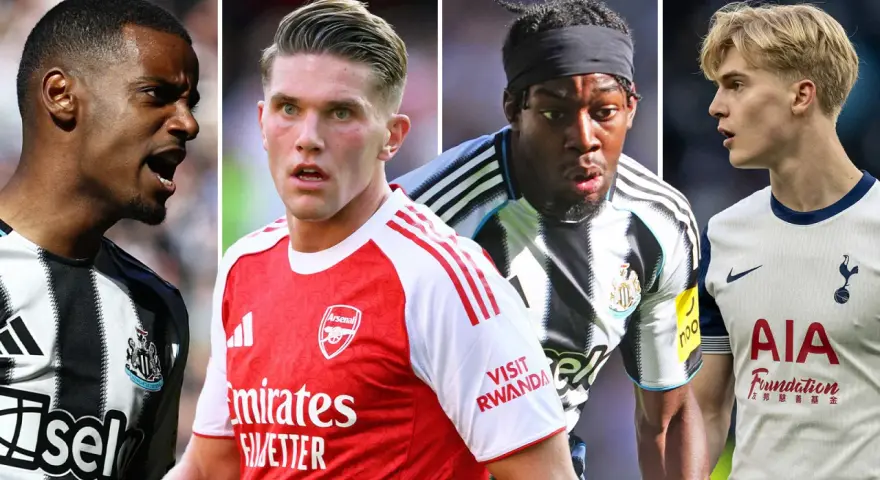 Fyra fotbollsspelare i Premier League: en i Newcastle-tröja, en i Arsenal-tröja, en till i Newcastle-tröja och en i Tottenham-tröja.