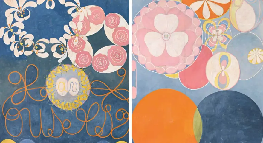 Två målningar av hilma af klint. Vänstra sidan visar blommor och orangea former på blå bakgrund. Högra sidan har cirklar i olika färger.