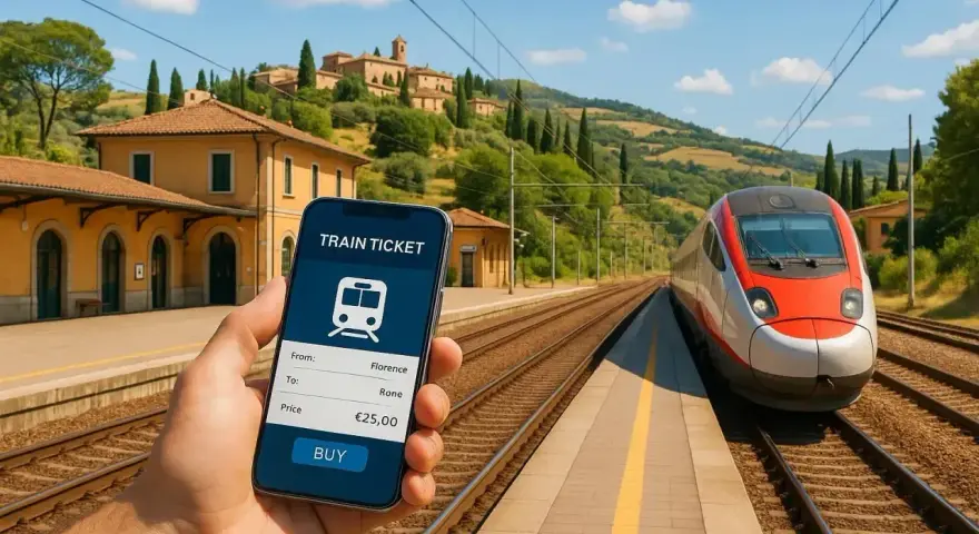 Chcesz wiedzieć, jak kupić bilet na pociąg we Włoszech? Na ekranie telefonu widzisz aplikację z trasą Florencja-Rzym i ceną 25 euro.