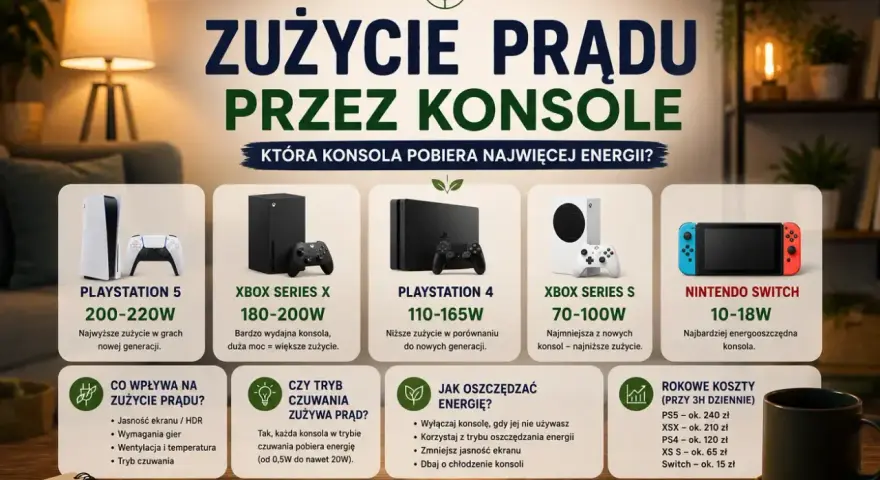 Porównanie zużycia prądu przez konsole: PS5, Xbox Series X/S, PS4, Switch. Dowiedz się, która konsola pobiera najwięcej energii i jak oszczędzać prąd.