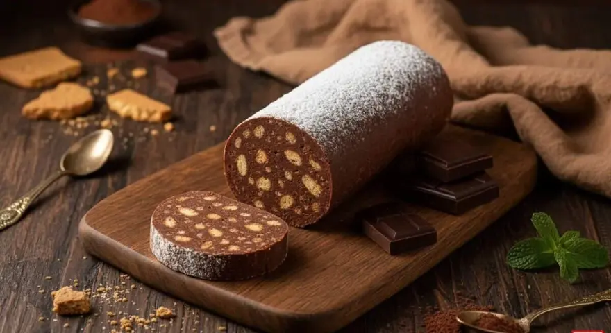 Un delizioso salame al cioccolato, cosparso di zucchero a velo, su un tagliere di legno. Biscotti, cioccolato e menta completano la scena.