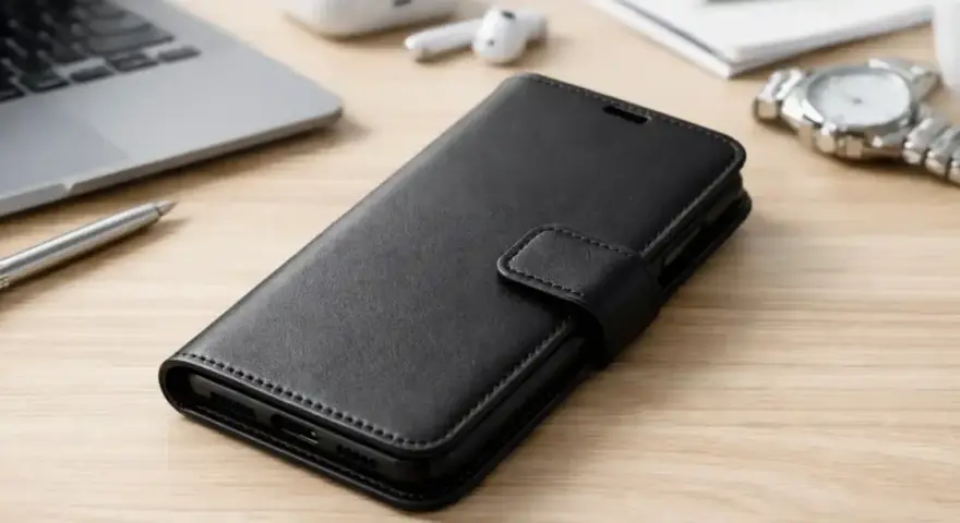 Eleganckie czarne etui na telefon Samsung Galaxy A20e, idealne do pracy i podróży.