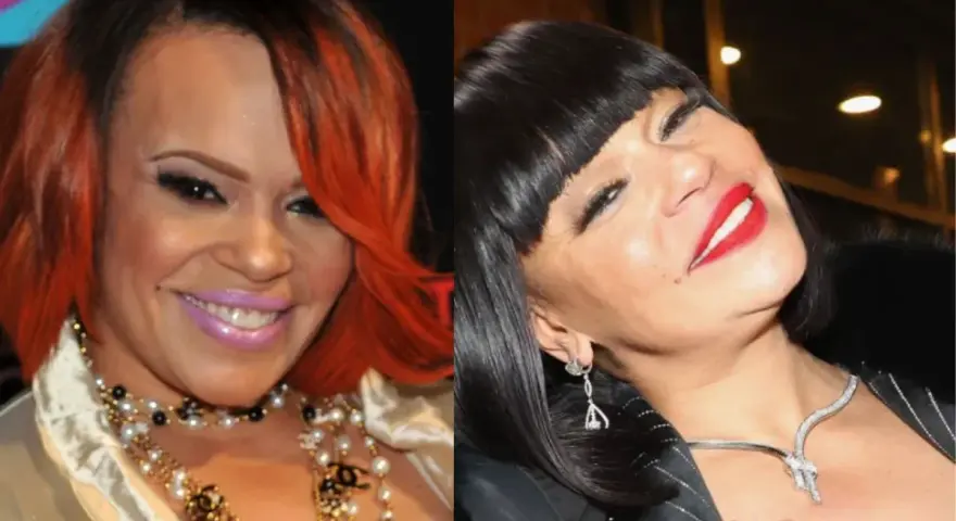 Faith Evans, wokalistka, z rudymi włosami i fioletową szminką, obok siebie w czarnej peruce i czerwonej szmince. Jej mąż, Stevie J, jest również znany z życia publicznego.