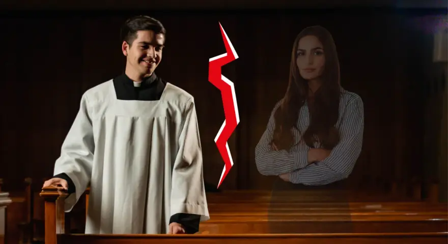 Młody kleryk w sutannie i kobieta po przeciwnych stronach, rozdzieleni czerwoną błyskawicą. Czy to symbol walki z pokusą, która dotyczy co to celibat?