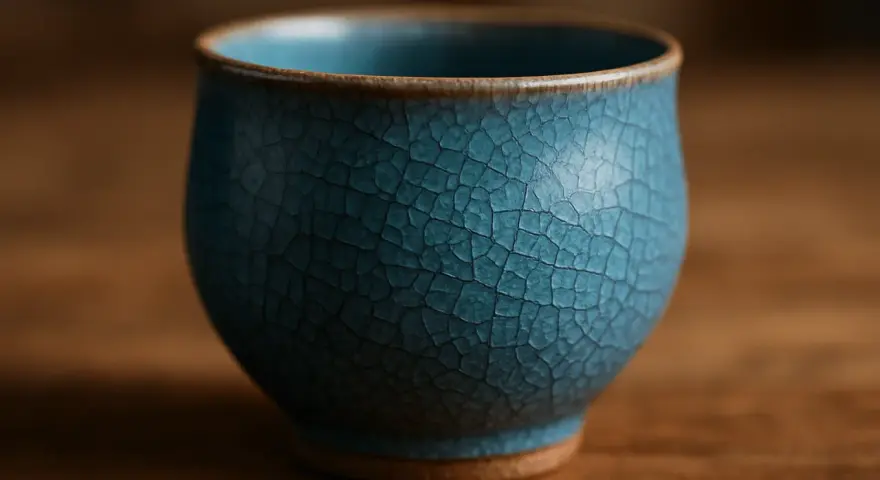 En vacker blå keramikmugg med ett sprucket mönster, perfekt för att njuta av en kopp te hemma.