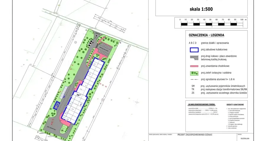 Projekt zagospodarowania działki z zaznaczoną powierzchnią zabudowy zgodnie z prawem budowlanym, drogami, parkingiem i zielenią.