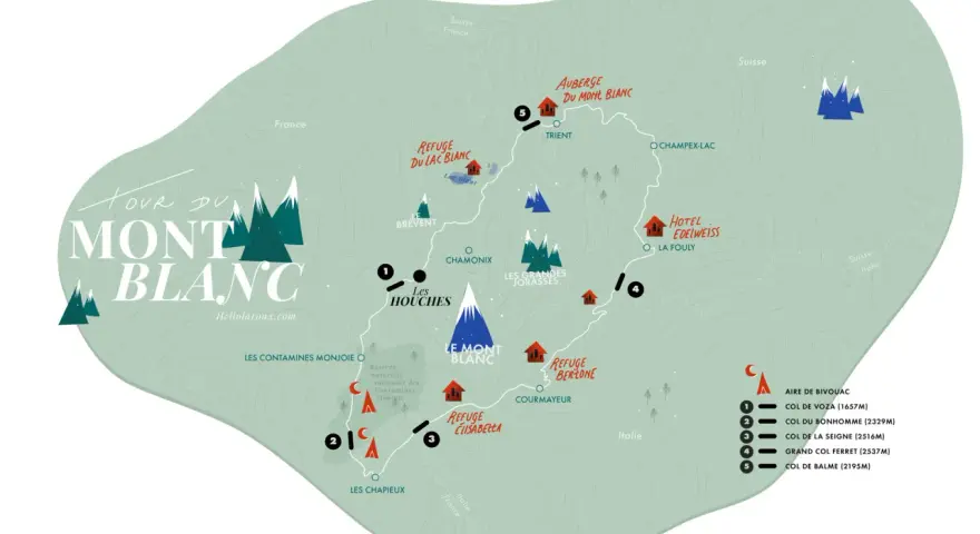 Carte du Tour du Mont Blanc, montrant les refuges, cols et villes. La distance TMB est indiquée par des points et des lignes.