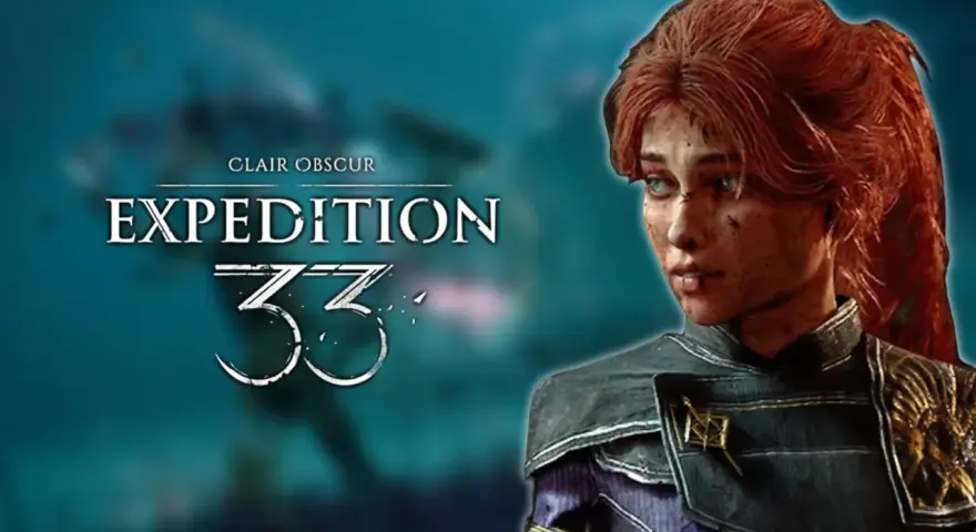 Una mujer con cabello rojo y ojos azules, con el logo "Clair Obscur Expedition 33" al lado.