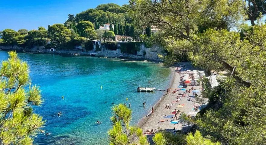 Plage idyllique à Antibes, eaux turquoise, pins parasols et villas sur la falaise. Parfait pour visiter Antibes et se détendre.