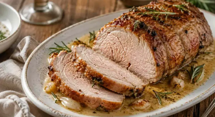 Arrosto di maiale morbido con sughetto dorato, profumato al rosmarino, servito su un piatto bianco.