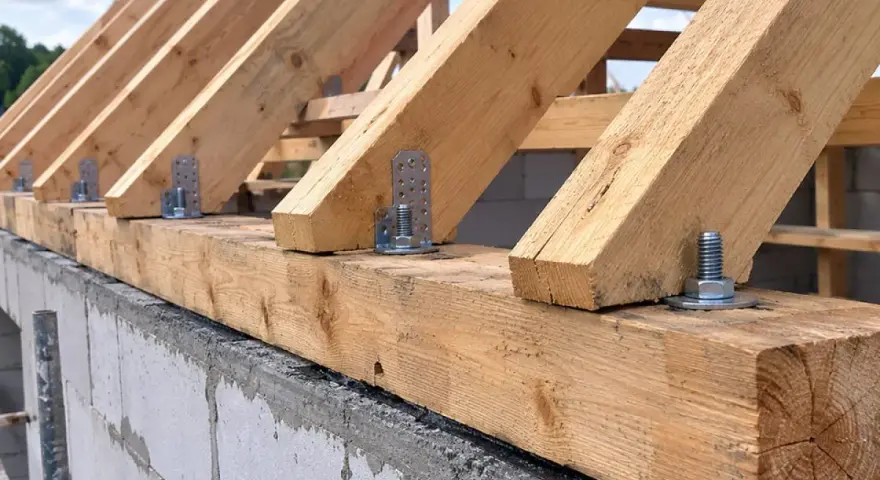 Drewniana konstrukcja dachu, gdzie krokwie są mocowane do murłaty za pomocą metalowych kątowników i śrub.