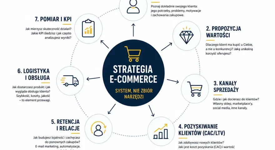 Schemat strategii e-commerce: persona, propozycja wartości, kanały sprzedaży, pozyskiwanie klientów, retencja, logistyka, pomiar. Jak co na zapalenie ucha, tak strategia e-commerce wymaga kompleksowego podejścia.