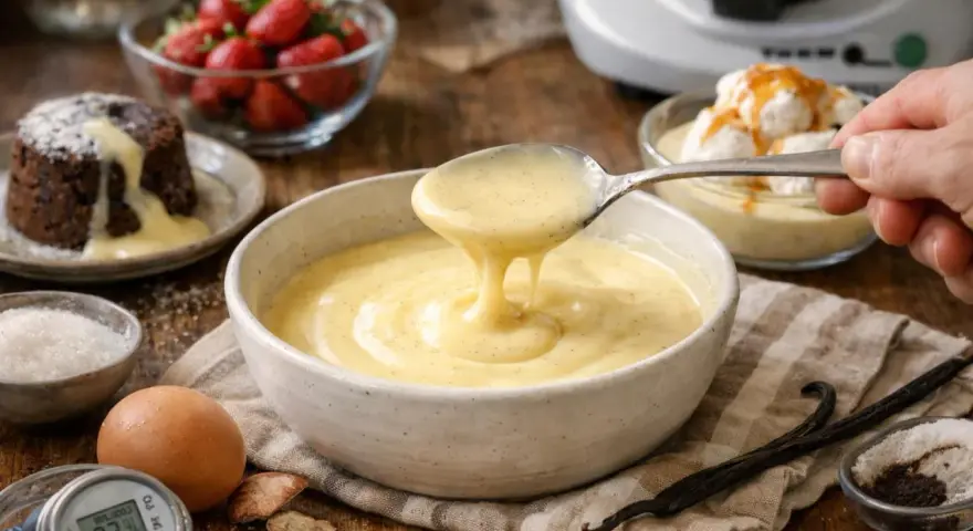 Crème anglaise onctueuse, la recette grand-mère parfaite pour accompagner un moelleux au chocolat ou des fruits rouges.