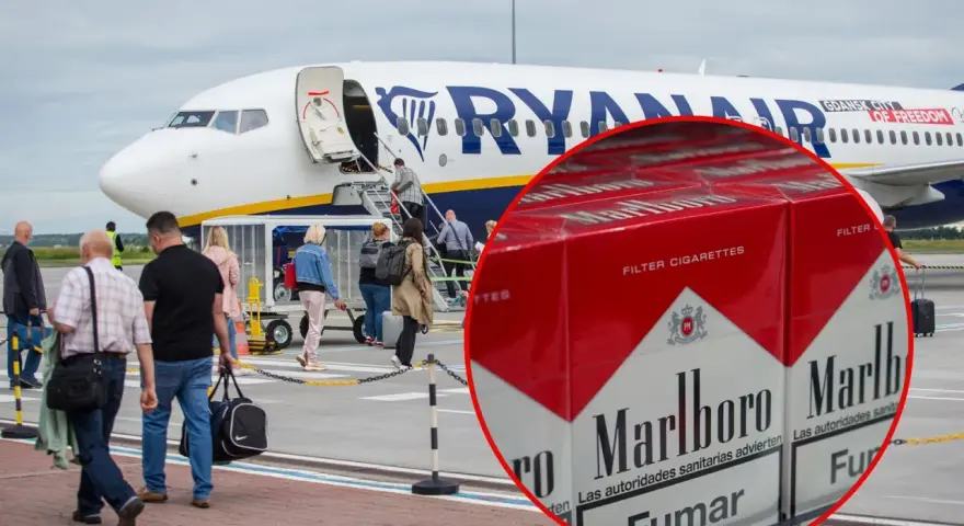 Pasażerowie wsiadają do samolotu Ryanair, a w tle widać paczki papierosów Marlboro. Zastanawiasz się, ile paczek papierosów można przewieźć samolotem?
