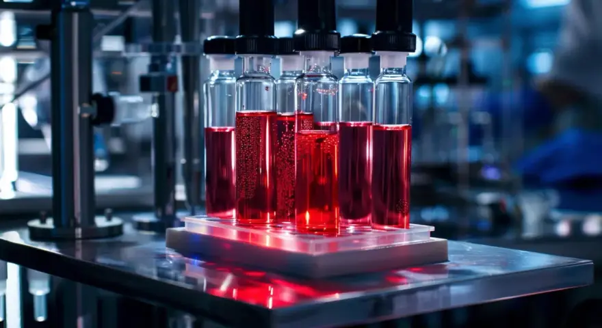 Szklane probówki z czerwonym płynem w laboratorium, podświetlone od spodu.