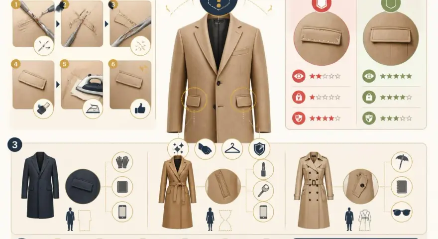 Illustration d'un manteau beige avec des étapes de couture et des icônes de mode.