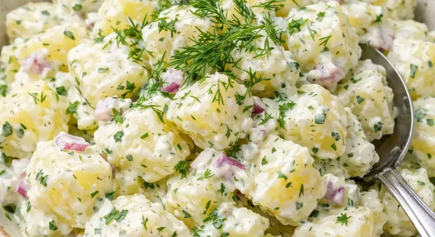 En krämig och härlig egen potatissallad med dill och rödlök, perfekt till grillkvällen.