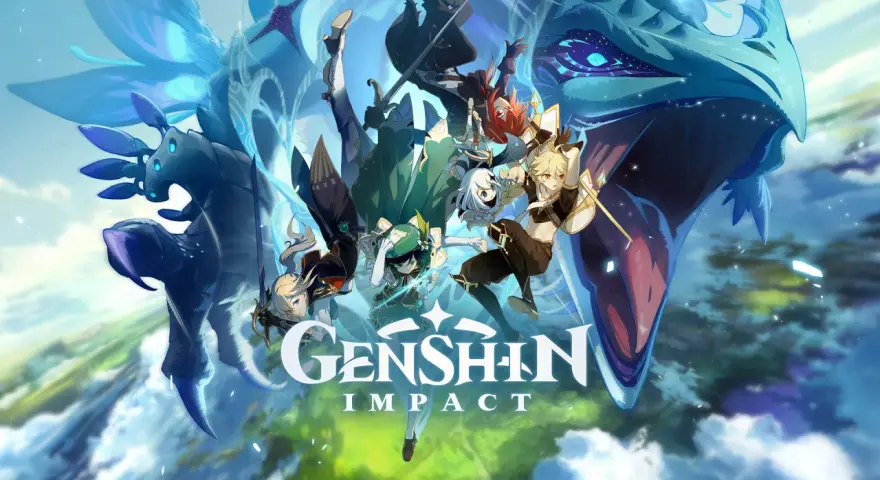 Postacie z Genshin Impact na tle smoka i chmur. Gra dostępna na Xbox One.