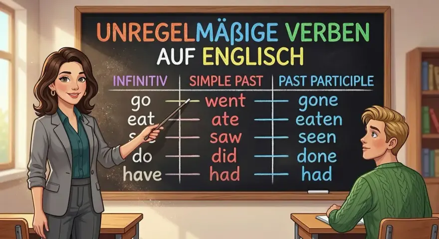 Lehrerin erklärt einem Schüler unregelmäßige verben englisch auf einer Tafel.