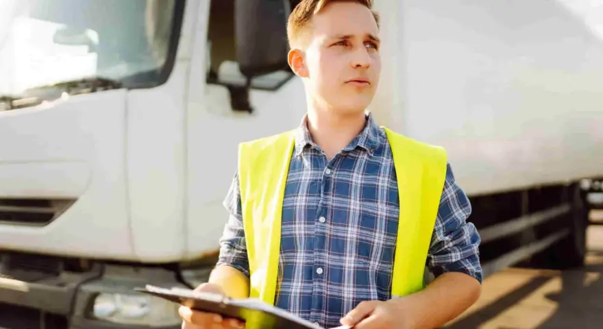 Młody mężczyzna w kamizelce odblaskowej trzyma dokumenty przy białej ciężarówce, gotowy do rozpoczęcia transportu.