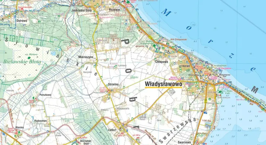 Mapa turystyczna przedstawiająca zachodnie wybrzeże Bałtyku z zaznaczonymi miejscowościami jak Władysławowo, Jastrzębia Góra i Rozewie.