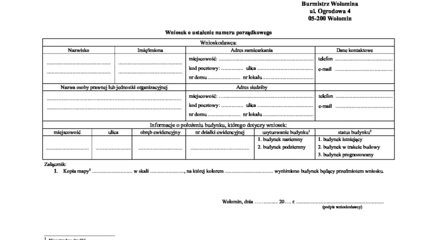 Wniosek o nadanie numeru domu. Formularz zawiera dane wnioskodawcy, adres zamieszkania i siedziby, informacje o położeniu budynku oraz załączniki.