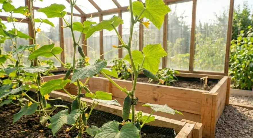 Gurkplantor i växthus med små gurkor och gula blommor. Det är dags att toppa gurkplantor för att främja tillväxt.
