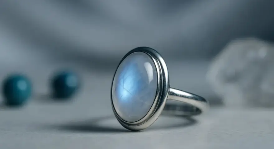 Anello con pietra di luna, che evoca le sue proprietà mistiche e calmanti.
