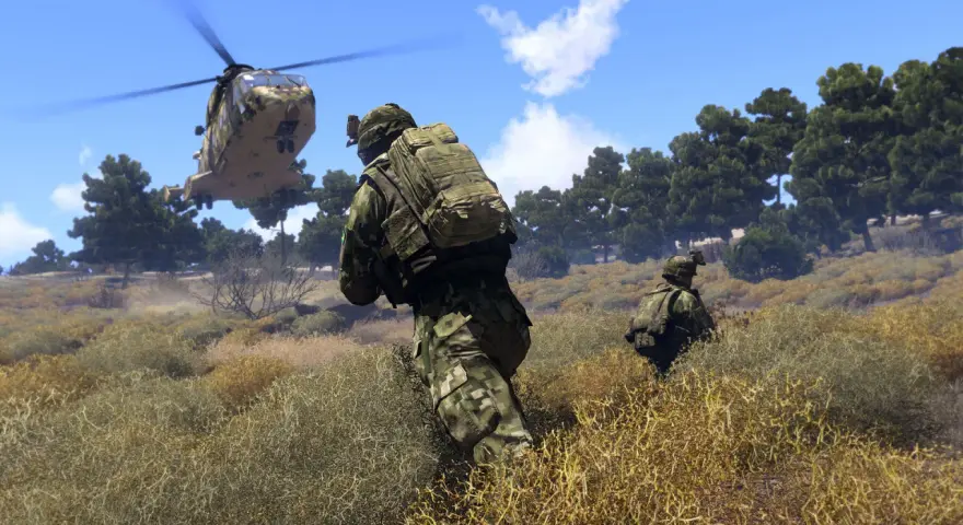 Żołnierze w kamuflażu, lądujący helikopter i krzaki. Akcja na **arma 3 polski serwer**.
