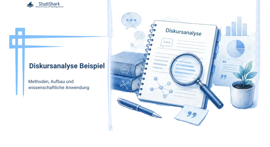 Ein **Praktikumsbericht Deckblatt** mit dem Titel "Diskursanalyse Beispiel". Es zeigt Bücher, ein Notizbuch mit Lupe und Stift, sowie Diagramme.